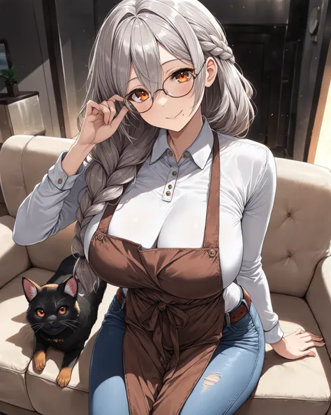 hand on A brow, Forward bending, mature female, solo, medium large breasts, round breasts, orange eyes, frameless glasses, grey hair, long hair, braid, hair between eyes, head tilt, Mole under the mouth, long sleeves, polo shirt, apron, belt, skinny jeans,...