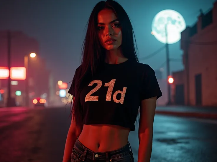 A striking, 8K resolution Full Body View portrait photography image of a Ultra-Sexy, Ultra-Beautiful and Very confident 19 Years Young Latina Female Adult Film model, exuding elegance and style with a Very Urban Street gang Feel. She dons a High Quality t-...