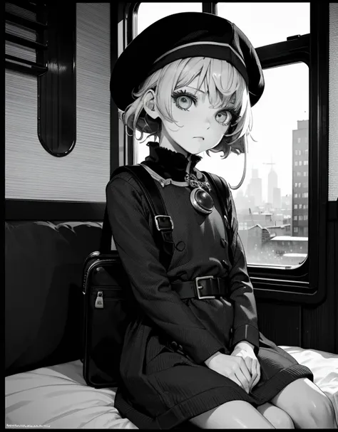 (((beautiful detailed)))(cute face:1.2)1girl, giant, barbarian, Feedsack outfit, beret, disappointed, downcast, Looking out the window with a melancholy expression, Travel bag, (sharp lines:1.2)(clear line:1.2)(eye details:1.3)(thick border:1.4) picture-bo...