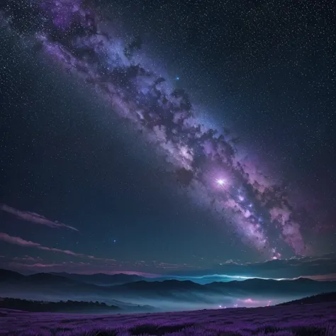 "A vast and glowing galaxy filled with vibrant nebulae in shades of purple and blue, sparkling stars scattered across the sky, with a faint silhouette of distant planets."