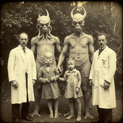 Daguerreotype photo. Scientists in white lab coats pose outside with a a short grey alien with large black eyes, and a tall grey alien with large black eyes. Photo realistic 