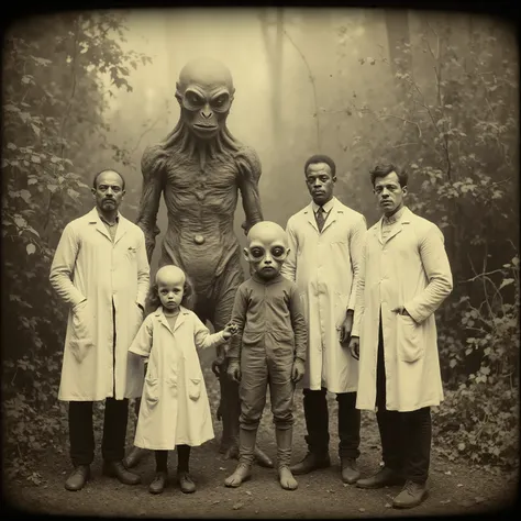 Daguerreotype photo. Scientists in white lab coats pose outside with a a short grey alien with large black eyes, and a tall grey alien with large black eyes. Photo realistic