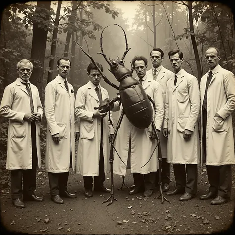 Daguerreotype photo. Scientists in white lab coats pose outside with a giant insect. Photo realistic