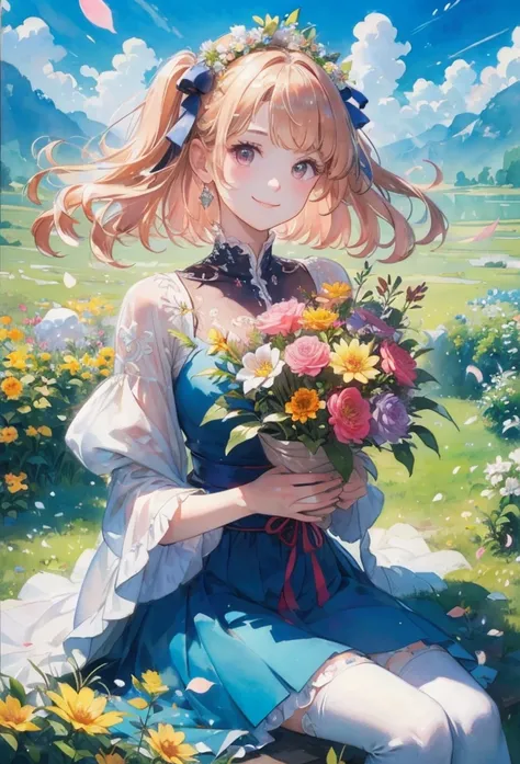 (masterpiece、highest quality、highest quality、Beautiful and beautiful:1.2)、Good anatomy、（Watercolor 1.5）、Drawing of a girl with straight short hair、Beautiful smile、pure white costume、pure、Charm、One puppy、looking at the camera、Flowers and leaves、Botanical Ar...