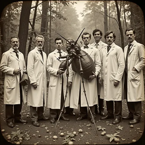 Daguerreotype photo. Scientists in white lab coats pose outside with a giant insect. Photo realistic