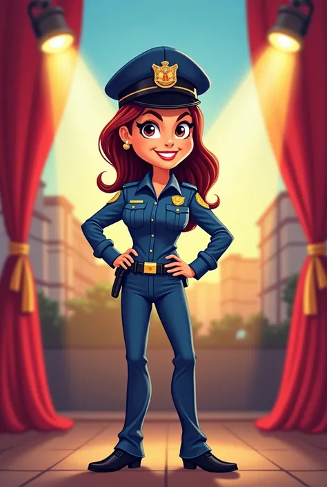 GIVE ME A CARTOON OF A FEMALE PERUVIAN COP (That her head is not bigger than her body )  WITH A STAGE BACKGROUND THAT ALSO REFERS TO THAT PROFESSION