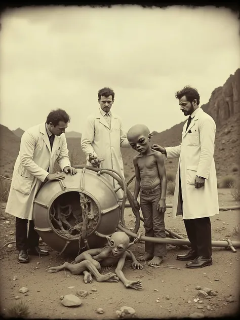 Daguerreotype photo. Scientists in white lab coats pose in the desert with a crashed UFO and an injured short grey alien with a large head and very large solid black eyes. Photo realistic 