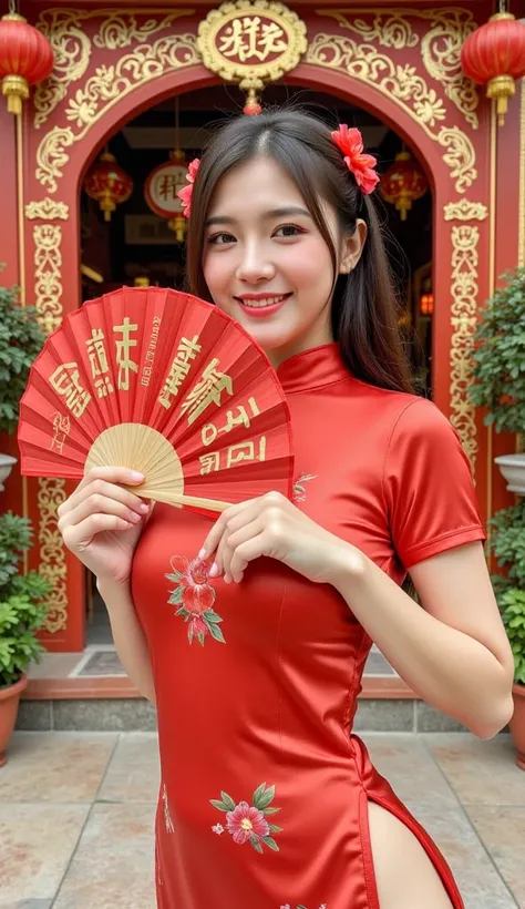 

 A Chinese celebration-themed illustration ,  against the backdrop of traditional Chinese decorations such as red and gold ornaments ,  and a magnificently decorated archway .  on the front ,  there was a beautiful woman with a curvaceous body ,  wearing...