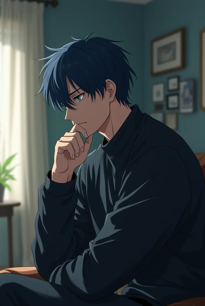 adult, man, 35 years,  dark blue hair , Jade colored eyes,  full body, sitting,  in profile, Serious, Without seeing the camera, at home,  anime style.