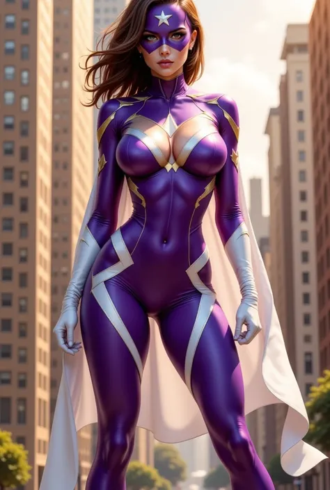 The central figure is a young woman with fair skin and light brown, shoulder-length hair. She is dressed in a form-fitting superhero costume that is predominantly purple with white accents and gold trim. The costume includes a mask that covers her eyes and...