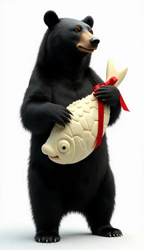 live-action、 real 、 white background、 a black bear holding white chocolate in the shape of a big fish、Chocolate has a red ribbon on it 