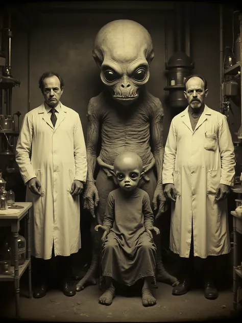 Daguerreotype photo. Scientists in white lab coats pose in the in laboratory with a grey alien with a large head and very large solid black eyes. Its standing next to two human/alien hybrid ren, Photo realistic