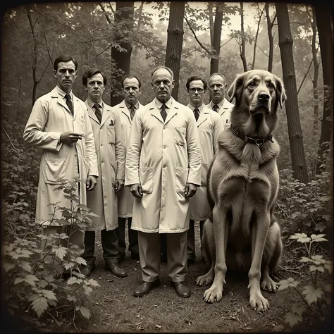 Daguerreotype photo. Scientists in white lab coats pose outside with a giant dog. Photo realistic