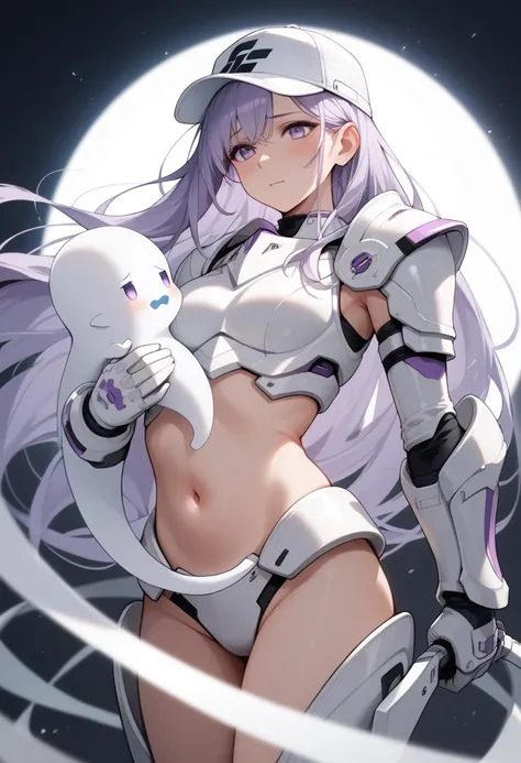 BREAK AG _Ghost,  long hair,  very large hair ,  wearing a white top .  light purple hair ,  light purple eyes  , belly, thighs, fringe,  side section of hair,  fair skin ,  white arm gloves ,blush,  I wear a piece around my head , futurist, shy,  half whi...