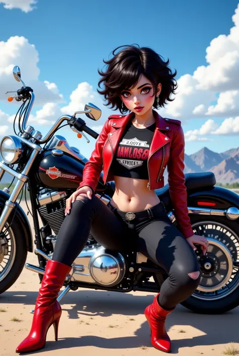 This image is a digitally created artwork featuring a stylized character seated next to a motorcycle. The character has a round, exaggerated head with big, expressive eyes, and short, curly black hair. She is wearing a red leather jacket with silver studs,...