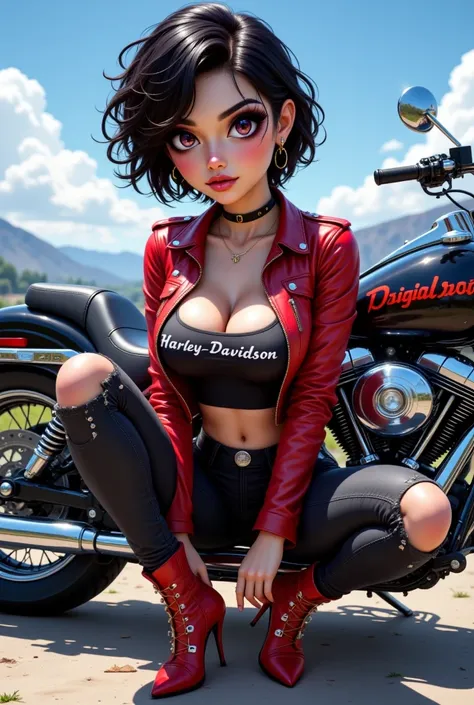 This image is a digitally created artwork featuring a stylized character seated next to a motorcycle. The character has a round, exaggerated head with big, expressive eyes, and short, curly black hair. She is wearing a red leather jacket with silver studs,...