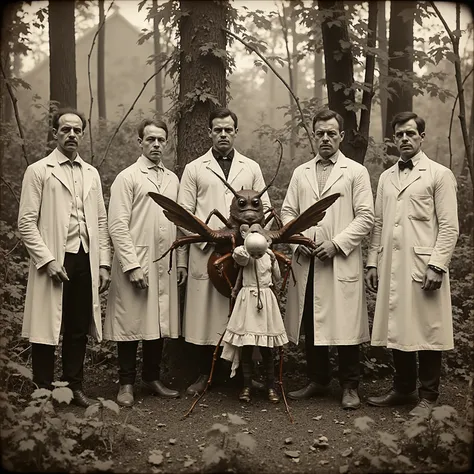 Daguerreotype photo. Scientists in white lab coats pose outside with a giant insect. Photo realistic 