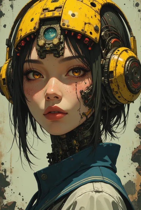 Breathtaking beauty,  cyberpunk,  beautiful Japanese woman , digital close-up painting depicting the face of a futuristic character,  contrasts with the mechanical nature of the headdress {x} The typography partially overlaps with her own objects {x} The w...