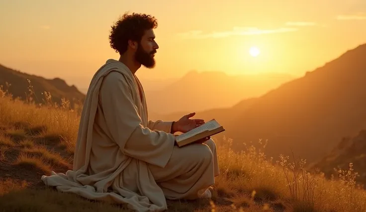 A Jewish man from ancient times ,  with a short beard and curly brown hair ,  dressed in a simple beige linen robe sitting on a hill,  meditating while reading the Gospel of Thomas . The light of the rising sun illuminates your face ,  symbolizing spiritua...