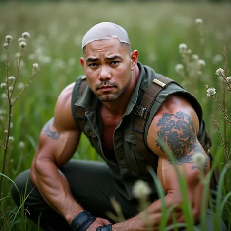  face close-up， A muscular bald young hunk，American-style inch ，Round Face， squatting in half-man-tall grass in an army green vest and shorts，One hand on the knee，Don't stick one hand forward to pull the grass，There are white flowers in the grass ，face len...