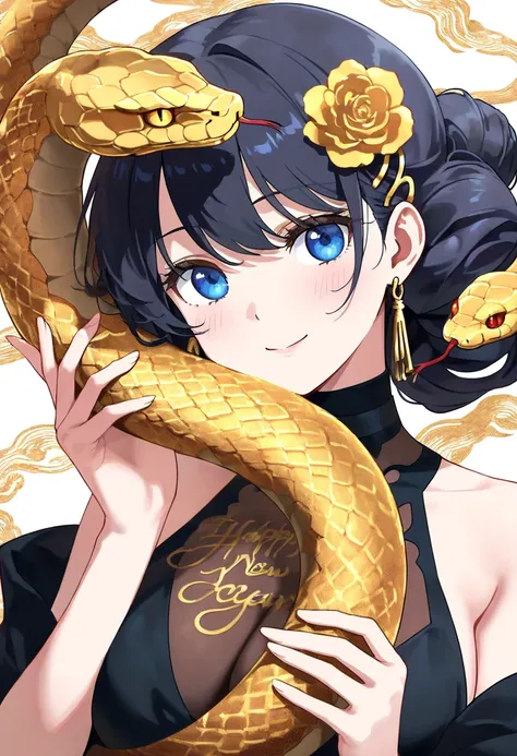 A close-up shot of a golden cyan snake coiling around itself, its vibrant color evoking prosperity and good fortune. Beside the serpent, a youthful girl with porcelain-like skin and piercing blue eyes stands confidently against a crisp white background. Ab...