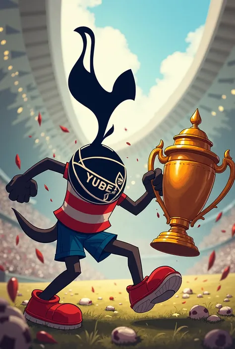 Tottenham logo is fighting with a trofe in a cartoon way