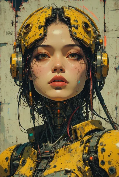 Breathtaking beauty,  cyberpunk,  beautiful Japanese woman , digital close-up painting depicting the face of a futuristic character,  contrasts with the mechanical nature of the headdress {x} The typography partially overlaps with her own objects {x} The w...