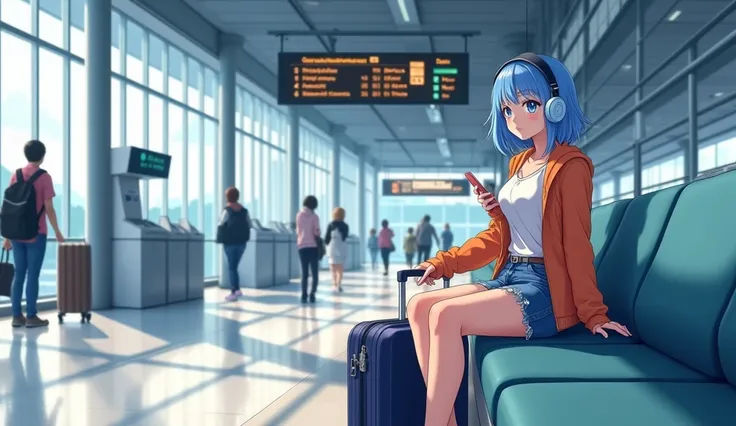 A young anime character, 18 years old, with medium radiant blue hair (#549ed9) cut at shoulder length and styled with elongated front tips (bob style), is sitting on a cushioned bench inside a modern train station. Her intense blue eyes reflect curiosity a...