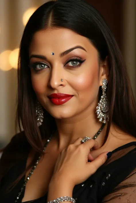 Aishwarya rai cClose-up portrait of a woman, likely 30-40 years old, of Indian ethnicity.  Radiant complexion with noticeable makeup.  Intensely applied dark eyeliner and subtle eyeshadow.  Bright, vibrant red lipstick, accented by a bindi.  Long, smooth, ...