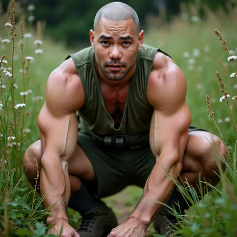  face close-up， A muscular bald young hunk，American-style inch ，Round Face， squatting in half-man-tall grass in an army green vest and shorts，One hand on the knee，Hold the other hand forward to pull the grass from，There are white flowers in the grass ，face...