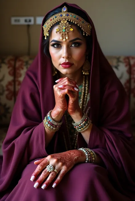 A woman in traditional North African attire, likely a wedding dress.  Medium shot, slightly low angle.  Hyperrealistic rendering.  Deep, rich purple/maroon colored kaftan/gown drapes over her form, highlighting intricate henna designs on her hands.  The he...