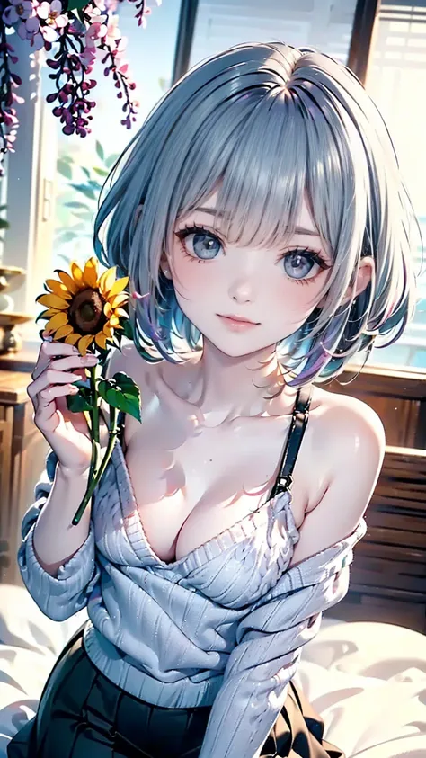  best image quality、Professional、 best quality、((( rainbow heterochromia、 red eyes、 green eyes)))、Odd Eye 、 with sparkling eyes、 Delicate Eyes、(shiny lilac hair)、 long hair、 Princess Cut、 smiles shyly、 super detailed eyes、 Highly Detailed Face 、 Extremely ...