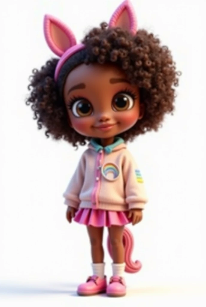 "An adorable and charming mascot doll with a school theme and unicorn. Disney Pixar style.  she has curly hair , Brown skin, in a cute and vibrant style .  Wear a modern school uniform ,  with a pleated skirt and a sweater with rainbow details .  Her eyes ...