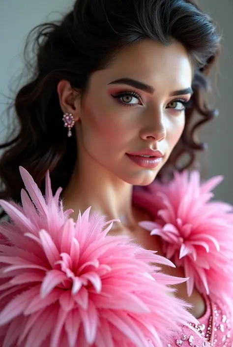  Beautiful Italian European woman dark hair 8k hyperrealistic with feathers and fine feathers nacor pink, pink over the shoulder with details of crystals, rhinestones and rhinestones. professional photographic studio  