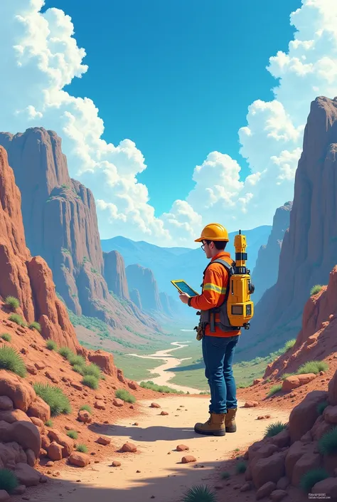 an engineer examining the topology and elevation of the land of its construction project on site. in anime style 