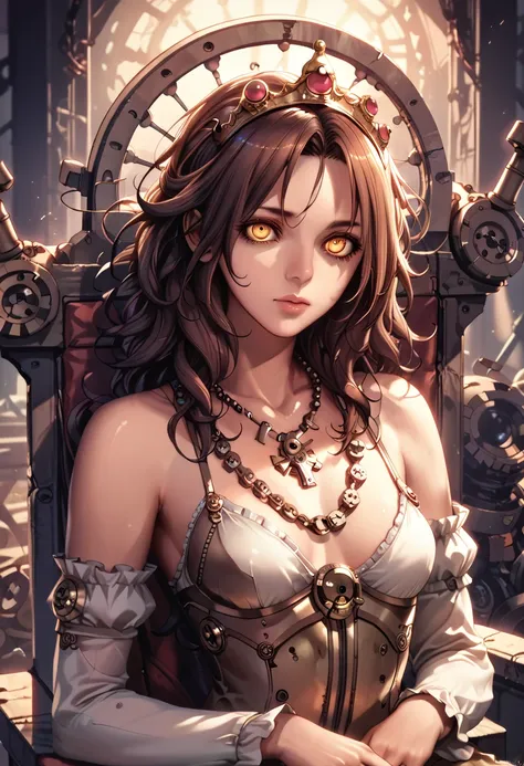 Steampunk Princess, detailed face, (extremely detailed intricate mechanical necklace and tiara on girls neck :1.2), made out of gold, made out of black steel, (shiny:1.1), lot of gears, glassy, (sitting on throne of gears), intricate detail, best quality, ...