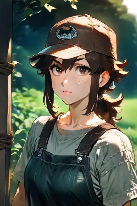 1 girl, tomboy, farmer, brown hair, freckles, brown eyes, baseball cap, shirt