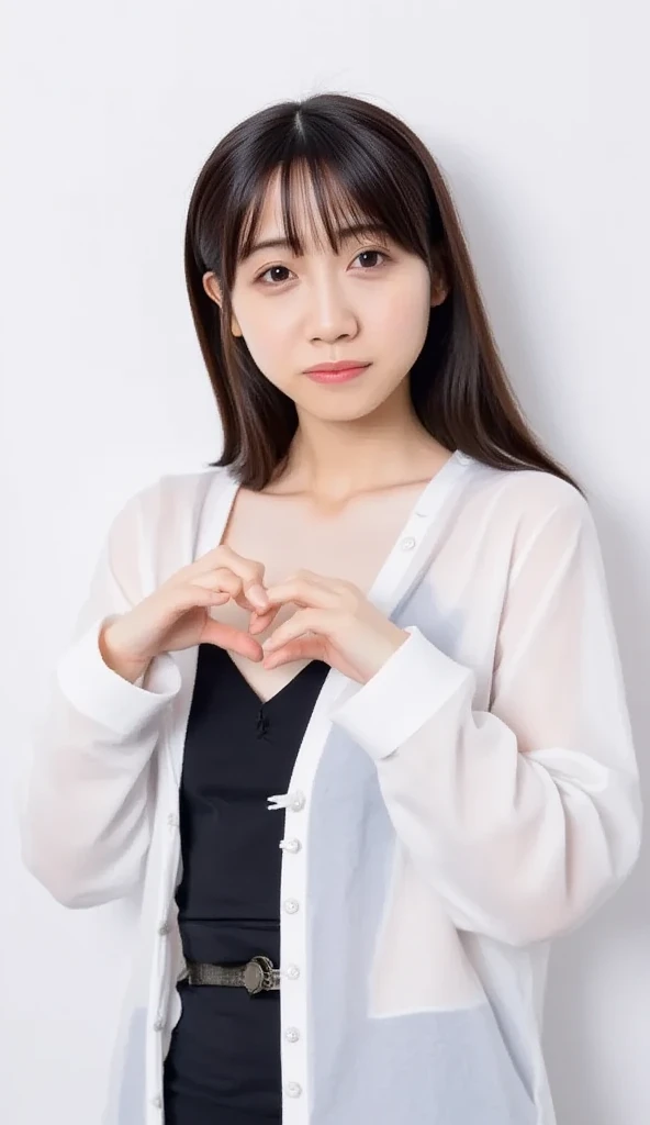  Super Fine、Picture of her face 、 and she has a smile showing her teeth, I&#39;m wearing a camisole,  I'm posing with my hands crossed in the shape of a heart in front of my chest、The background is plain 、    high definition  、細部にわたって   high definition  