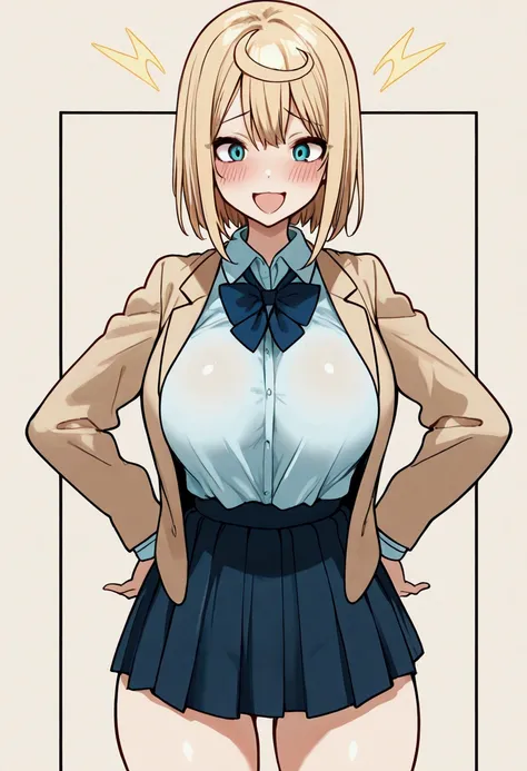 Solo, girl, schoolgirls,Blonde, psy Powers, saggy breast,skirt, perfect legs,kind gaze, femenine, feminine posture, Big breast, , warm smile, open mouth , blush,, perfect scene , Masterpiece, score 9, anime colors, AMERICAN SHOT, beautiful, composition, HA...