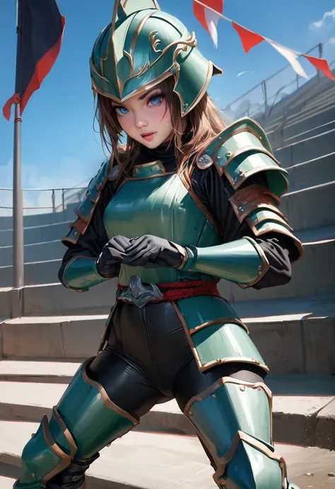 (masterpiece),best quality,ultra detailed,expressive eyes,perfect face,solo,1 girl,21 years old,bodysuit,helmet,light green japanese armor,leg armor,gloves,standing and spread legs,(holding flag in her  hands),fighting,flowing flag,blue sky,stadium stairs,...