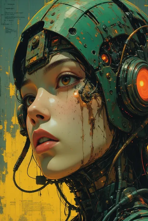 Breathtaking beauty,  cyberpunkな美しい日本女性:1.5,  Supermodel :1.331, digital close-up painting depicting the face of a futuristic character,  The woman's face is partially obscured by an intricate cybernetic headdress made of faded emerald green metal,  The he...