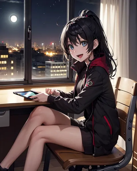 1girl, black hair, empty eyes:8,track suit,open jacket, smile,  open mouth, sitting, 
(((smartphone,desk,desk with a smartphone,looking at smartphone))), strawberry cake, from side, indoors,messy room,  night, winter,window,  
 ((high quality,beautiful,bes...