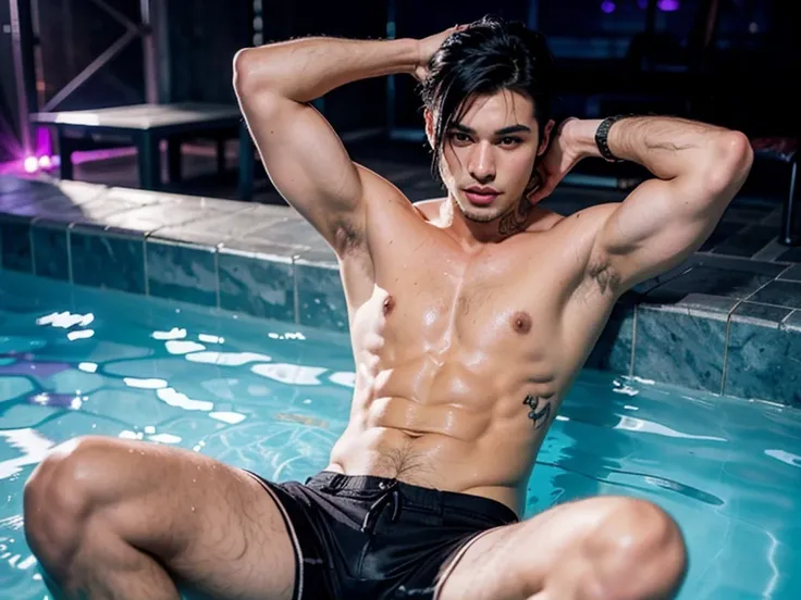 recreates ( An 18-year-old slum boy with a muscular body and a goatee ,  your hair is short ,  he is wearing black shorts ,  he is also shirtless ,  he is in a pool with purple lights shining the intense glow illuminating his face ,  his black hair illumin...