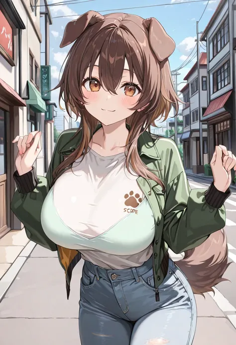 ( best quality , 8k , masterpiece , incredibly absurdres , beautiful woman , perfect body , super detailed skin , highly detailed eyes and face , 1 person ) , Inugami King , original hair color ,  brown hair  ,  dog ear , smile ,  will be happy , ( Casual ...