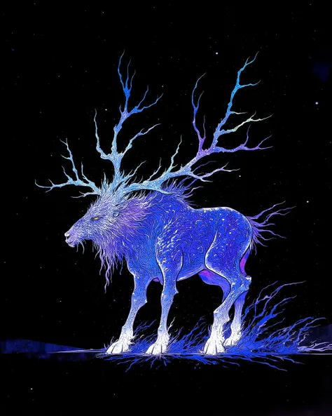  An animal spirit walking on four legs similar to the figure of an elk , A spiritual elk flies through the sky and screams ,動物霊の頭から角のMr.な木が芽生える,Neon white and neon light blue light envelop animal spirits,煙のMr.な霊体の四足獣, a four-legged beast with glitch noise,...