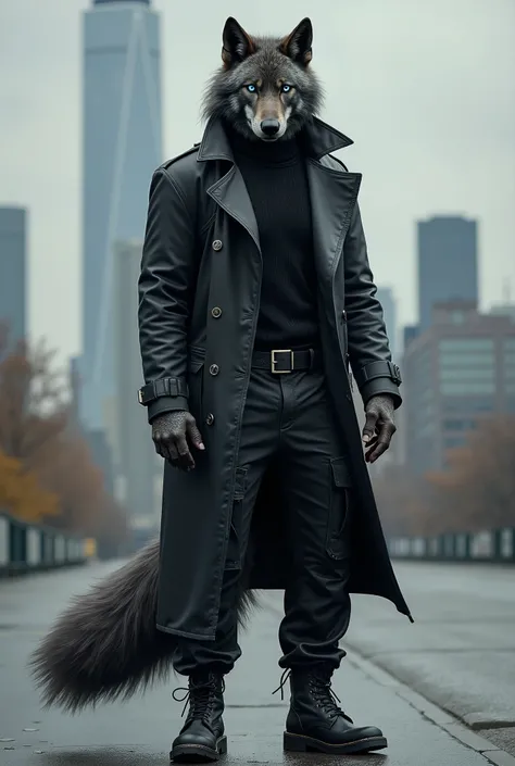 Ultra realistic full body art of a fully grown adult skinny slim dark grey male anthro wolf with a big bushy tail, some fur on his hands and claws on his fingers and blue eyes and wearing a black leather trench coat, a black turtle neck, black cargo pants ...