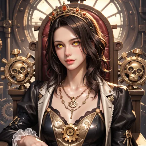 Steampunk Princess, detailed face, (extremely detailed intricate mechanical necklace and tiara on girls neck :1.2), made out of gold, made out of black steel, (shiny:1.1), lot of gears, glassy, (sitting on throne of gears), intricate detail, best quality, ...