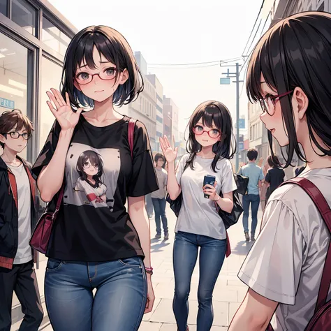 masterpiece, best quality,  monochrome , lineart,  1girl , Alone, 20 years old,  Madoka Shirakawa , a young woman with sleek, straight black hair and stylish glasses, standing at her destination. She looks visibly tired, with sweat on her forehead and her ...