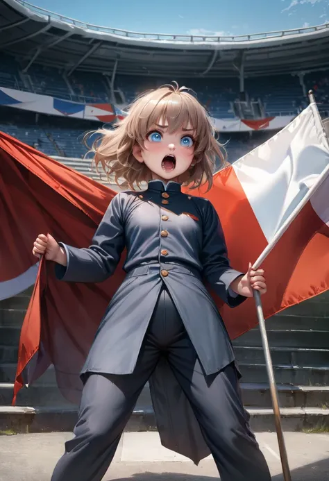 (masterpiece),best quality,ultra detailed,expressive eyes,perfect face,solo,1cute loli anime girl,20 years old,gakuran,pants,standing and spread legs,(holding flag in her hands),shouting,(1flag:1.4),flowing flag,blue sky,stadium stairs,fence,(realistic:0.8...