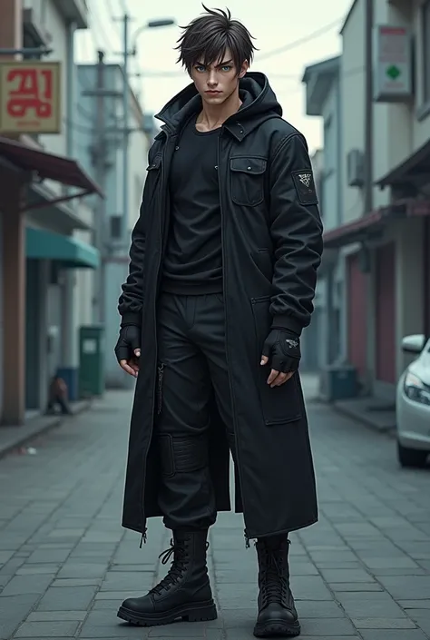 Jin is in his late 30s, with a rugged yet disciplined look. His body bears scars from years of combat, and his piercing eyes seem to see through any lie. He wears practical, dark clothing that allows for mobility, blending into the shadows of urban environ...